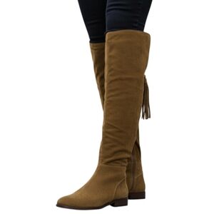 Frye Tina Brown Suede Leather Over The Knee Boots With Tassels